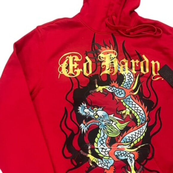 NEW Ed Hardy Tattoo Dragon Hoodie Men’s Size Large Red Sweatshirt NWT - Picture 10 of 11